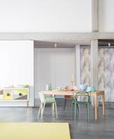 Modern dining room with pastel furniture 