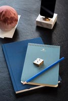 Blue notebooks and accessories on desk 
