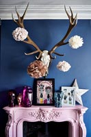 Large stag skull and antlers above pink mantelpiece 
