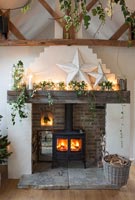 Country fireplace decorated for Christmas 