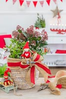 Christmas table decoration planted with Skimmia and Holy adorned with red ribbon and hessian bow and nordic figurines