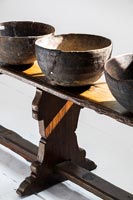 Cottage style bowls on rustic wooden bench