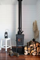 Black wood burning stove in a white painted cottage style living room 