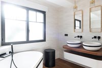 Black, white and wooden contemporary bathroom 