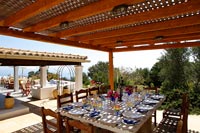 Large dining table under covered terrace laid for lunch in summer 