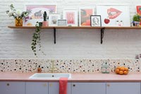 Display of modern artwork on shelf above kitchen worktop and sink 