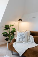 Large houseplant and floor lamp in modern living room 