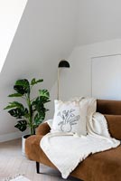Cream throw and cushion on brown velvet sofa in modern living room 