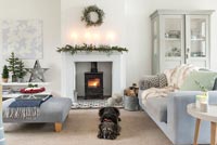 Pet dog in modern country living room at Christmas 