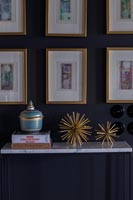 Detail of framed pictures displayed on black wall 