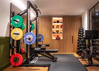 Free weights and bench in home gymnasium 