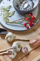 Detail of garlic and herbs on kitchen worktop 