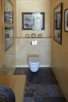 Framed photographs above toilet in modern bathroom