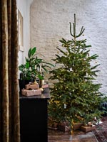 Christmas tree and gifts on sideboard 