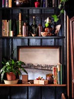 Detail of shelves against black painted wooden wall 