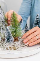 Woman adding fake miniature christmas trees to tray