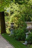 Ornamental urns in formal country garden 