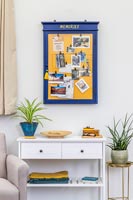 Blue and yellow memories notice board on modern living room wall 