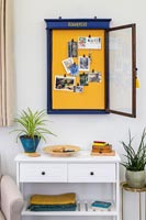 Blue and yellow notice board on modern living room wall 
