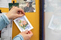 Woman adding thank you card to memories notice board 