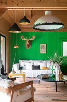 Bright green painted wooden feature wall in modern living room 