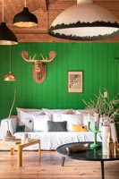 Bright green painted wooden feature wall in modern living room 