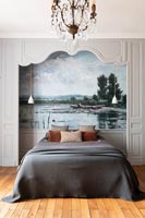 Fresco painting above bed in classic style bedroom 
