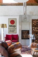 Unusual modern wooden burning stove in modern living room 