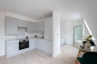 Small pale grey kitchen in compact open plan living space 