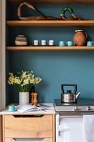Modern kitchen with teal blue painted walls and wooden shelving 
