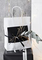 Black and white gift bag decorated with silver foliage and lights 