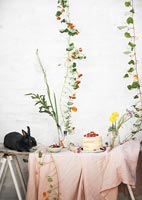 Pet rabbit on garden table filled with flowers