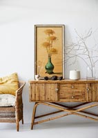 Bamboo cane sideboard and wicker chair 