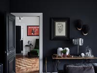 View through open internal door from black painted modern living room 