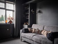 Grey sofa in black painted living room 
