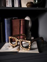 Gold spectacles ornament on open book 