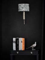 Wall mounted lamp and side table with books and silver bird ornament 