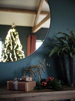 Reflection of Christmas tree in round mirror 