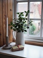 Holly branches with berries in jug on windowsill next to wrapped gift