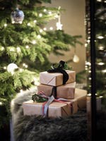 Christmas gifts next to tree 