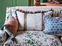 Detail of sofa with patterned fabrics 