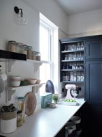 Dark blue painted unit in modern white kitchen