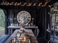 Outdoor dining area decorated for Christmas 