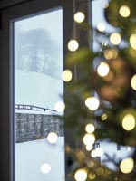 View of snow covered countryside through window next to Christmas tree 