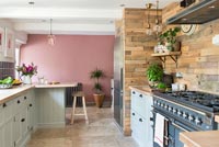 Pink painted feature wall in modern country kitchen 