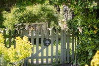 Cottage garden with picket fence and gate 