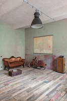 Vintage furniture and moped in modern living room 