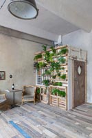 Display of houseplants on pallet covered wall