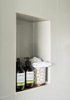Toiletries in tiled alcove