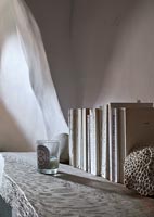 Detail of books and coral on rustic bedroom shelf